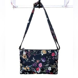 Floral purse, shoulder strap or clutch, black background with bright flowers